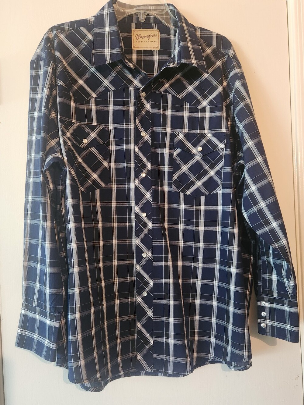 Wrangler Vintage Western Navy Blue White Plaid Pearl Snap Men Size XXL EUC $27